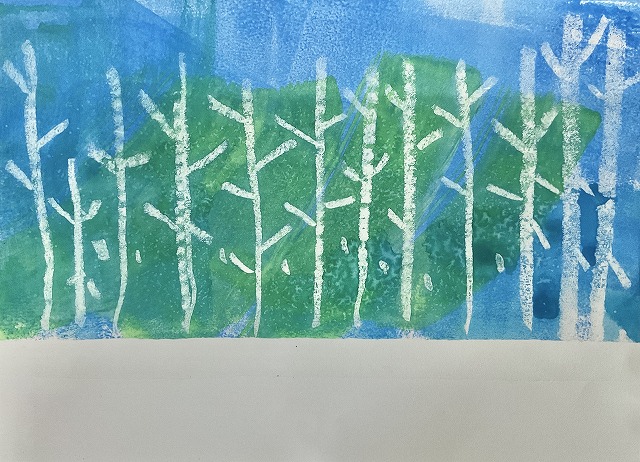 中学部、山崎隼、冬の景色、水彩絵の具、クレパス、塩・はじき絵
