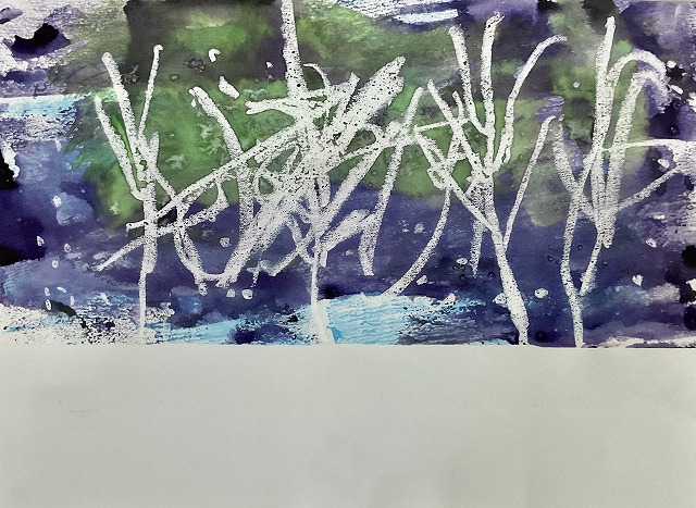 中学部、川原琉雅、冬の景色、水彩絵の具、クレパス、塩・はじき絵