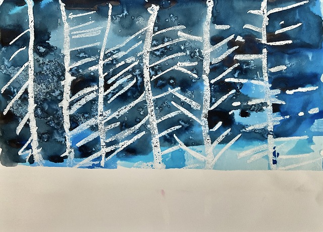 中学部、東條美桜、冬の景色、水彩絵の具、クレパス、塩・はじき絵